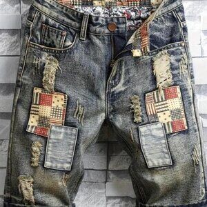 NWOT Men's Denim Shorts Ripped Colorblock Pieces Denim Jeans With Pockets, Men's